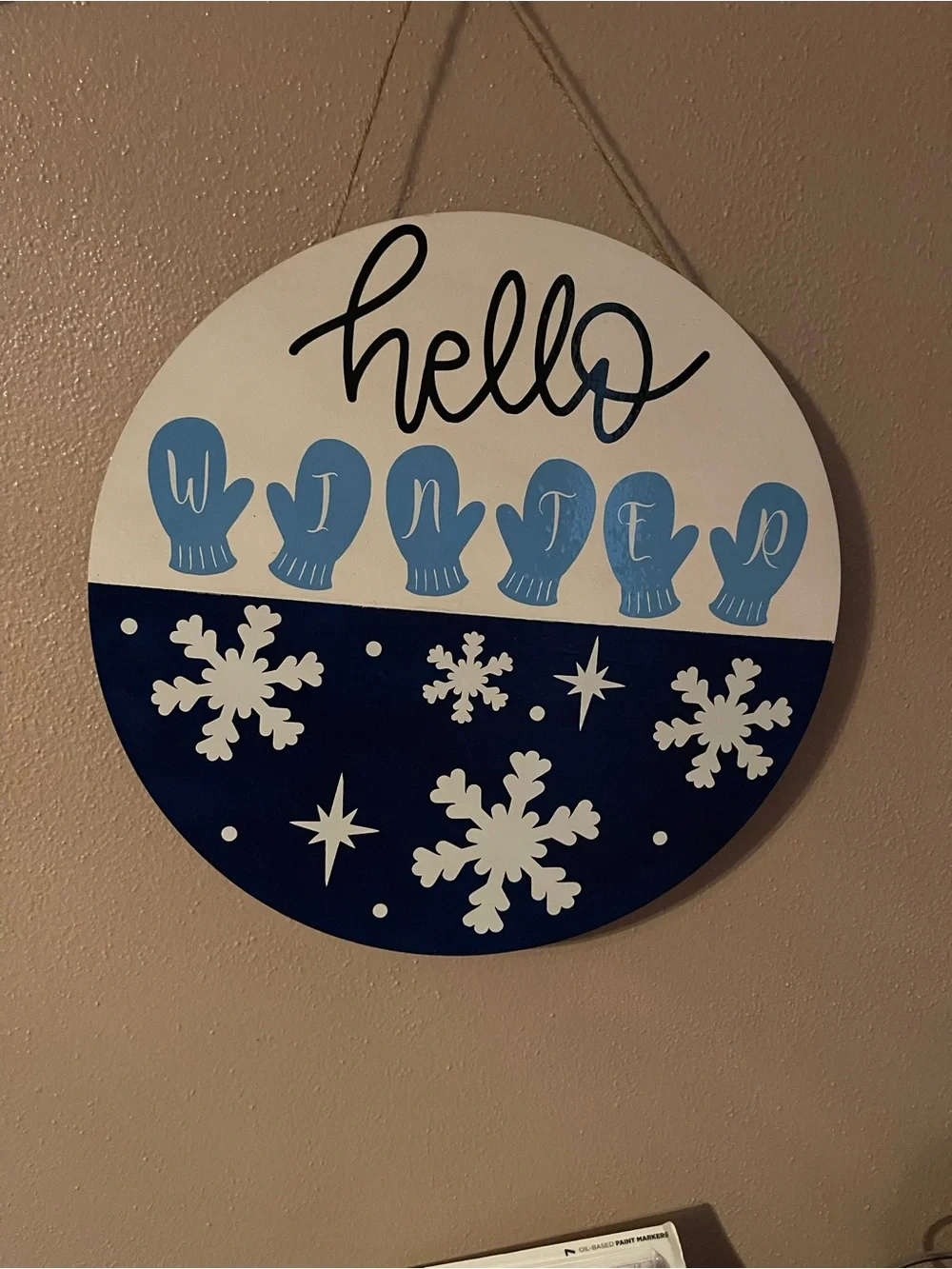 Hello Winter Round Wall Sign - Blue and White